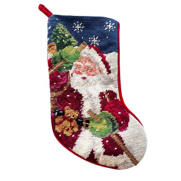 Vtg 1991 Imperial Elegance Wool Needlepoint Santa Christmas Stocking 12" Velvet - Picture 1 of 7